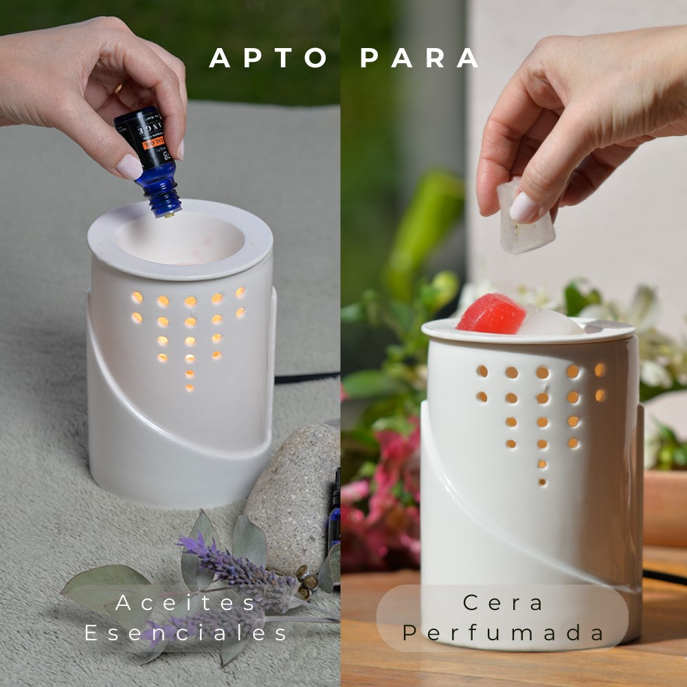 Calentador de Velas Aromáticas con Luz LED | Difusor de Aceites Esenciales | Lámpara de Noche | Incluye Pack de Ceras Perfumadas | Blanco