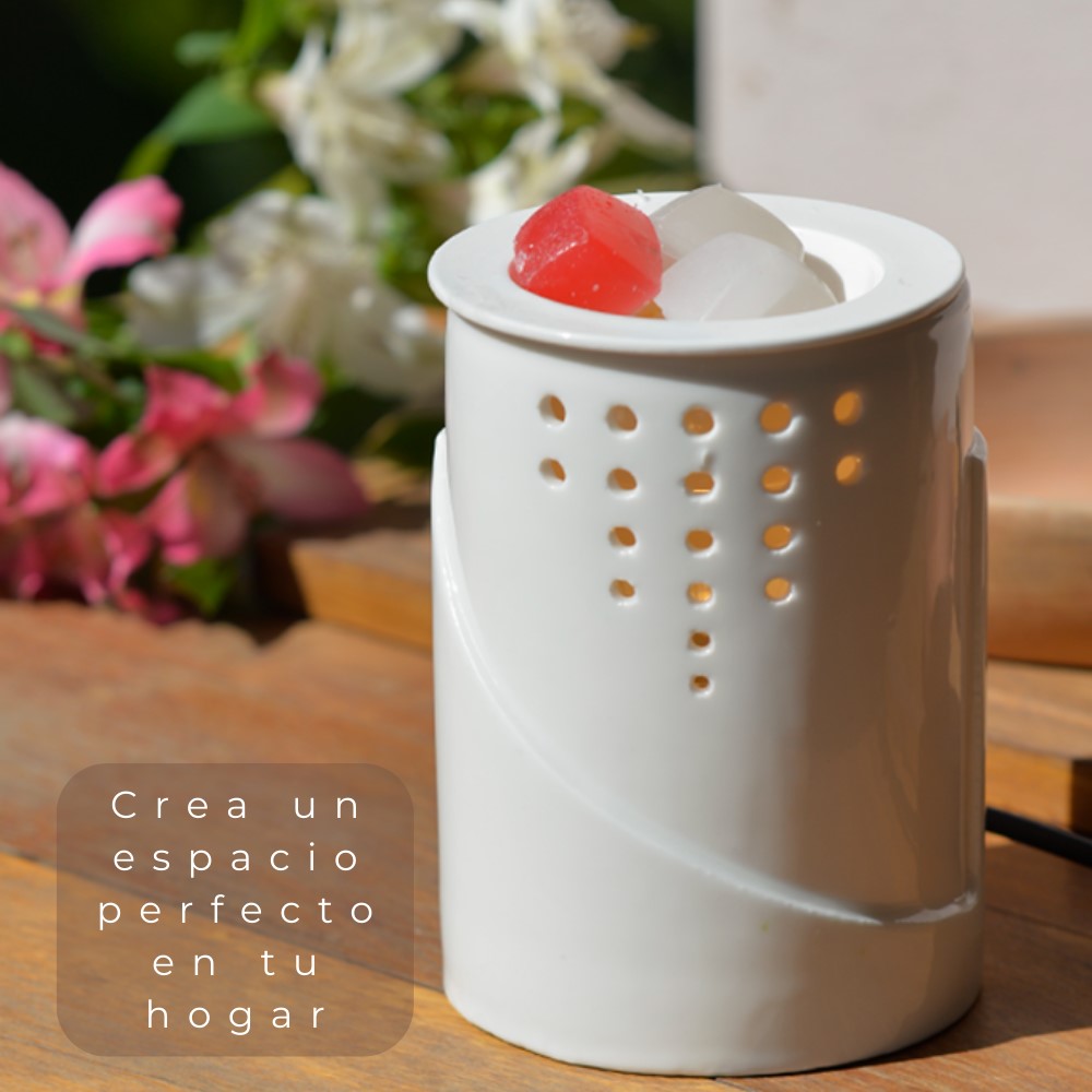 Calentador de Velas Aromáticas con Luz LED | Difusor de Aceites Esenciales | Lámpara de Noche | Incluye Pack de Ceras Perfumadas | Blanco