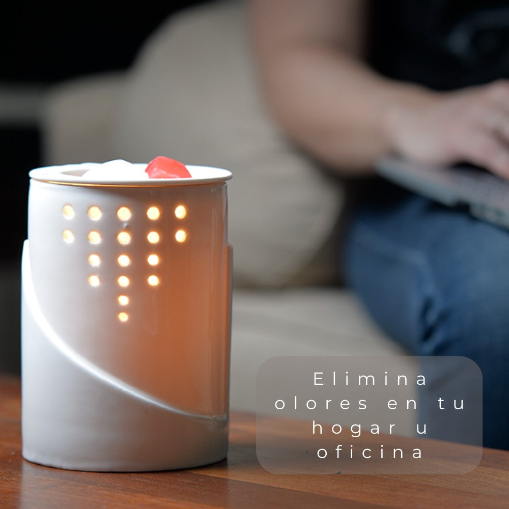 Calentador de Velas Aromáticas con Luz LED | Difusor de Aceites Esenciales | Lámpara de Noche | Incluye Pack de Ceras Perfumadas | Blanco
