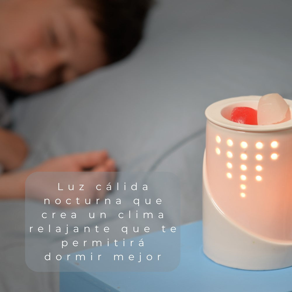 Calentador de Velas Aromáticas con Luz LED | Difusor de Aceites Esenciales | Lámpara de Noche | Incluye Pack de Ceras Perfumadas | Blanco