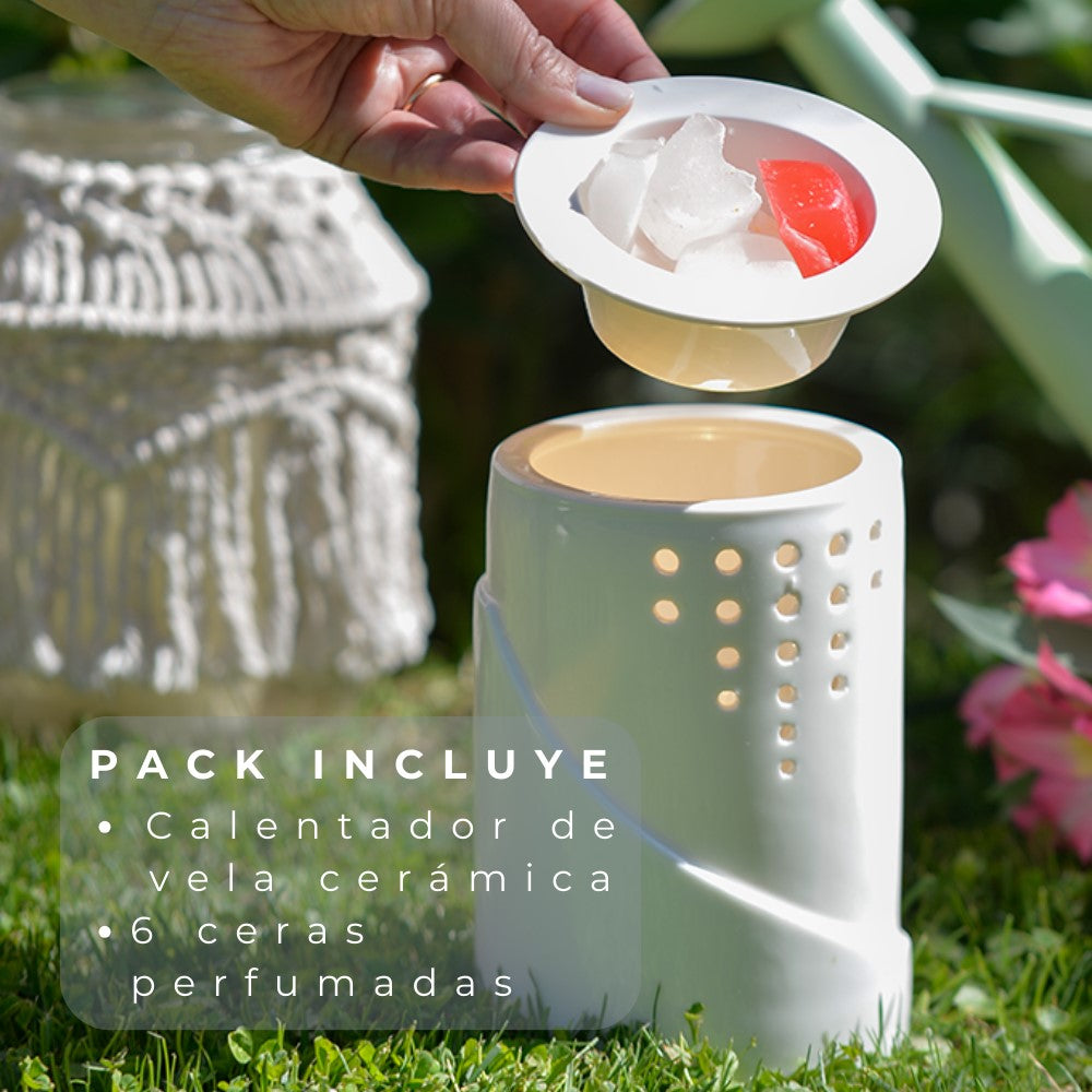 Calentador de Velas Aromáticas con Luz LED | Difusor de Aceites Esenciales | Lámpara de Noche | Incluye Pack de Ceras Perfumadas | Blanco