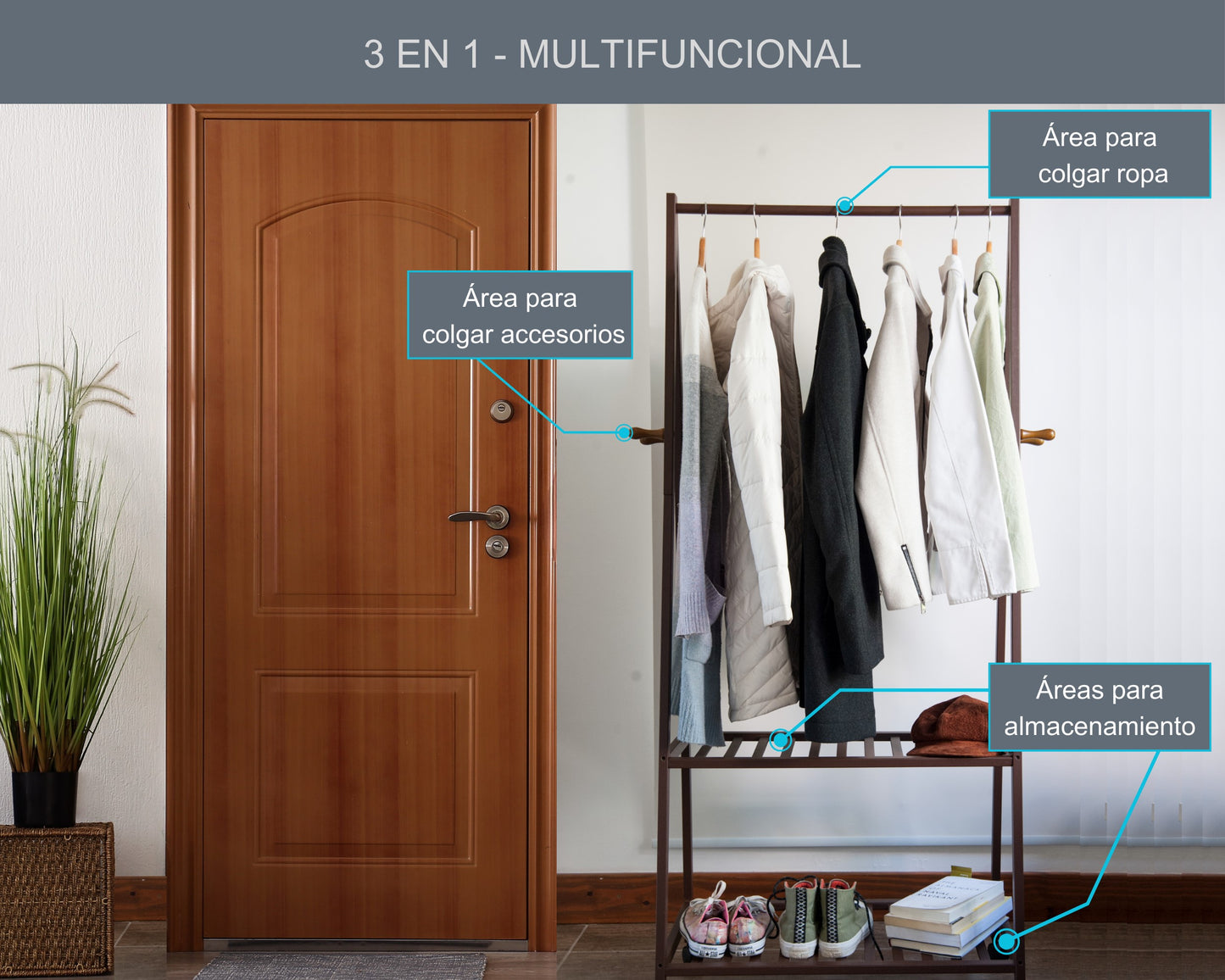 ABB4US | Standing Coat Rack to Leave Your Clothes and Shoes | Hallway Furniture for Home | Donkey with 2 Shelves | Donkey Entrance, Bedroom, Hallway | Resistant and Stable | Bamboo | 70x45x165cm| Wood