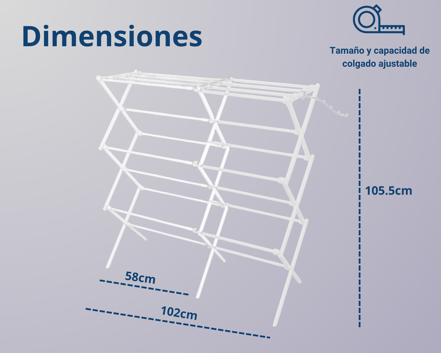 ABB4US | Tendedero Metálico Extensible y Plegable | 58–102 x 41,5 x 105,5cm | 2 Brazos para Perchas | Secar Camisas, Toallas y Prendas Largas | Compacto y Robusto | Blanco