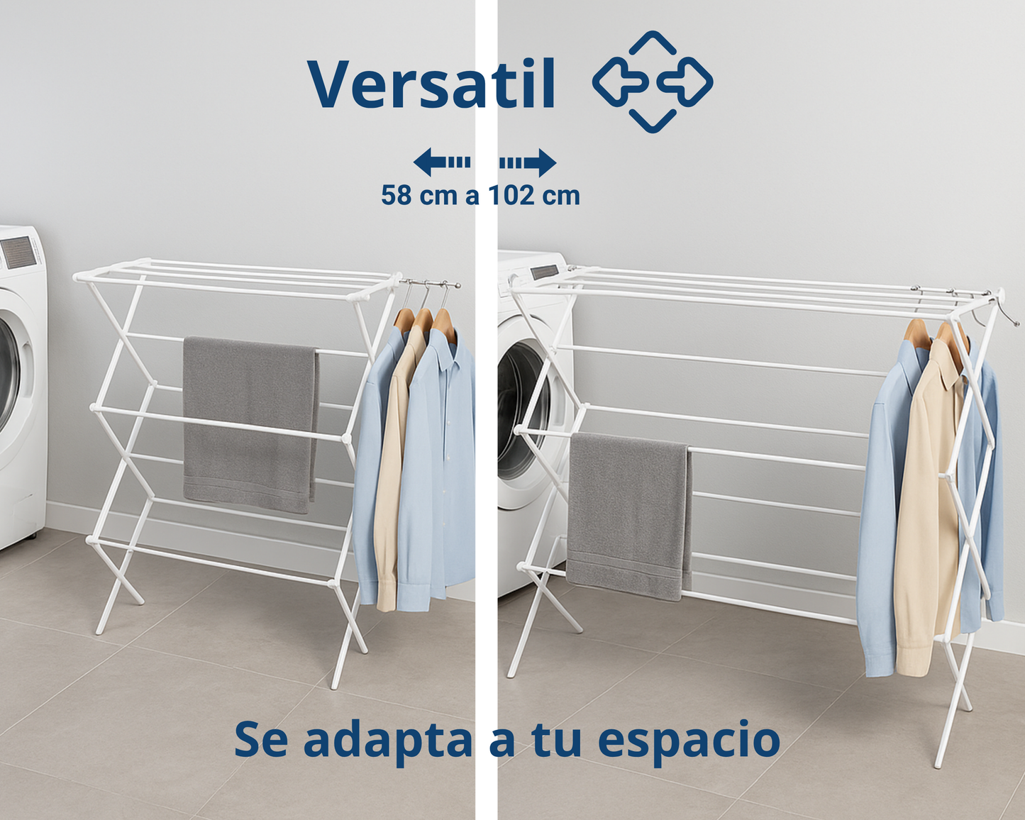 ABB4US | Tendedero Metálico Extensible y Plegable | 58–102 x 41,5 x 105,5cm | 2 Brazos para Perchas | Secar Camisas, Toallas y Prendas Largas | Compacto y Robusto | Blanco