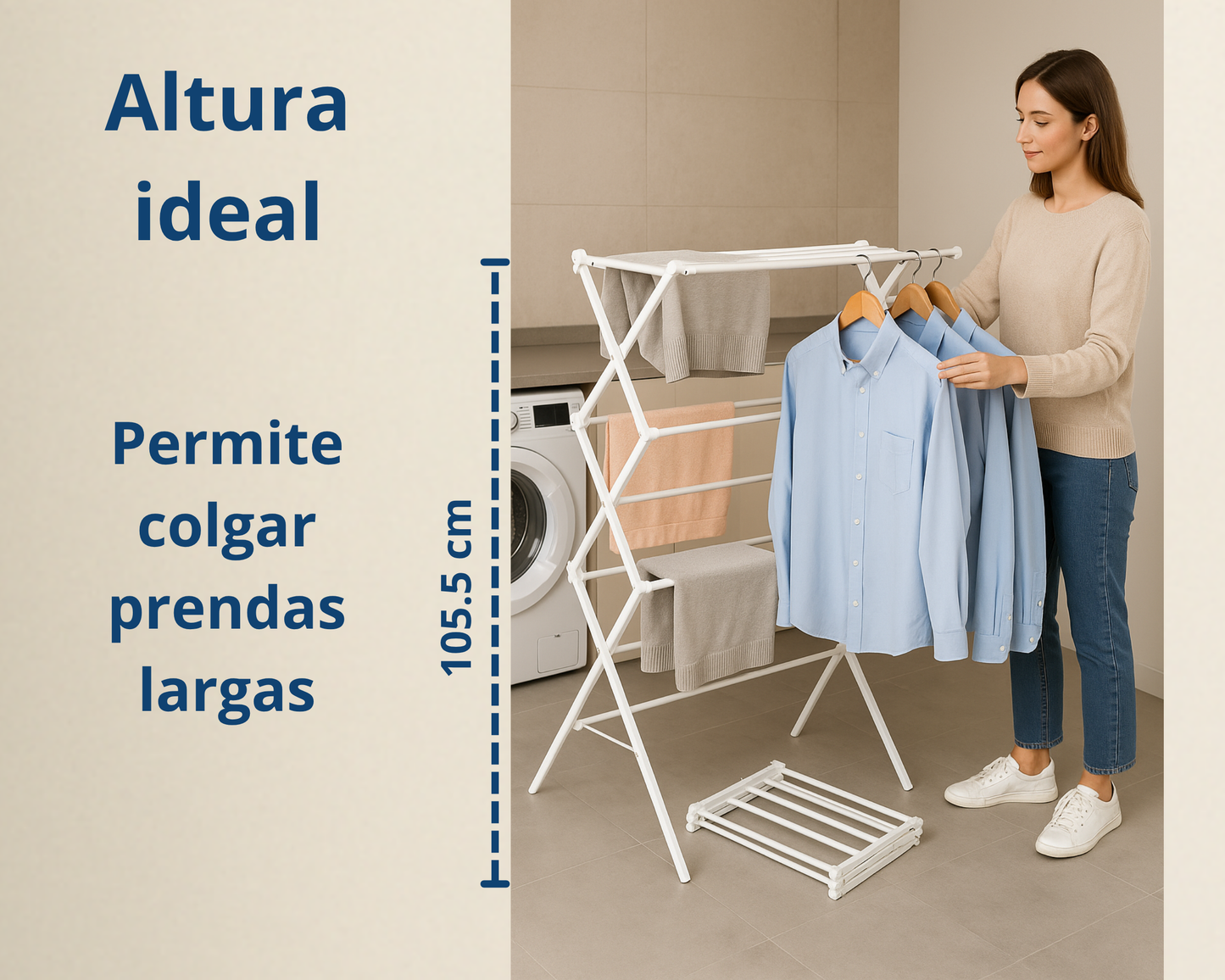 ABB4US | Tendedero Metálico Extensible y Plegable | 58–102 x 41,5 x 105,5cm | 2 Brazos para Perchas | Secar Camisas, Toallas y Prendas Largas | Compacto y Robusto | Blanco