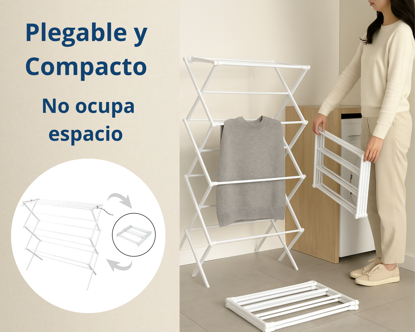 ABB4US | Tendedero Metálico Extensible y Plegable | 58–102 x 41,5 x 105,5cm | 2 Brazos para Perchas | Secar Camisas, Toallas y Prendas Largas | Compacto y Robusto | Blanco
