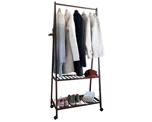Perchero de Pie Zapatero Madera Bambú | Perchero Entrada Recibidor para Hogar | Perchero de Ropa con 4 Ganchos y 2 Estantes | Dormitorio Pasillo | Estable | Ahorra Espacio