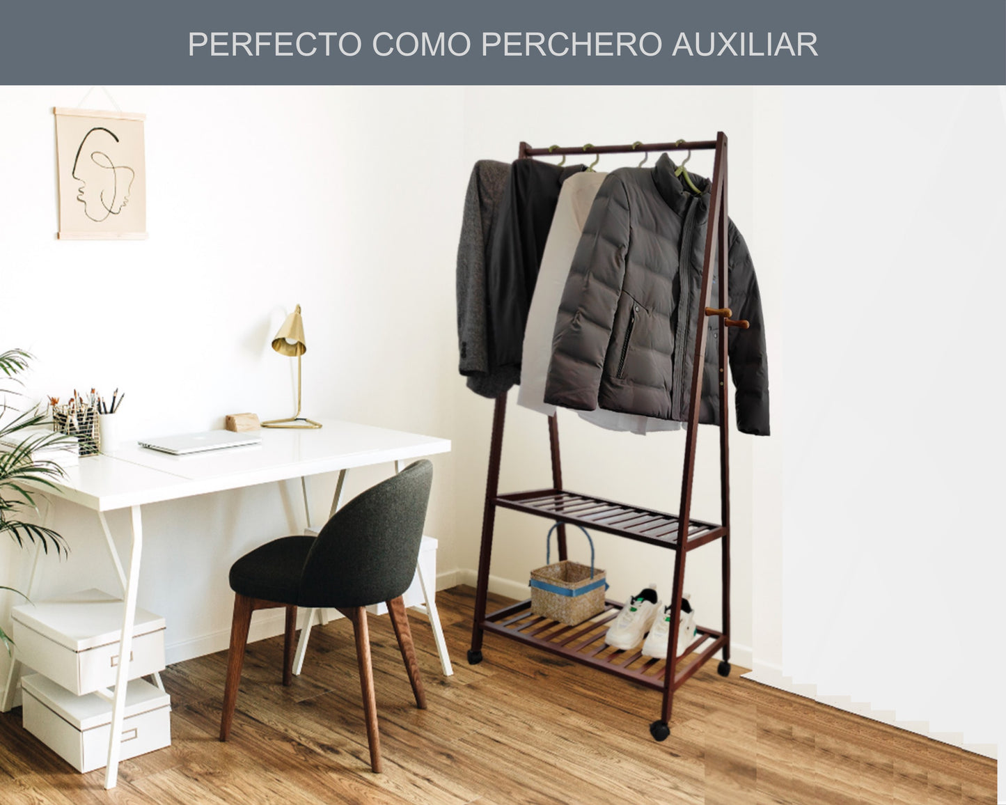 ABB4US | Standing Coat Rack to Leave Your Clothes and Shoes | Hallway Furniture for Home | Donkey with 2 Shelves | Donkey Entrance, Bedroom, Hallway | Resistant and Stable | Bamboo | 70x45x165cm| Wood 