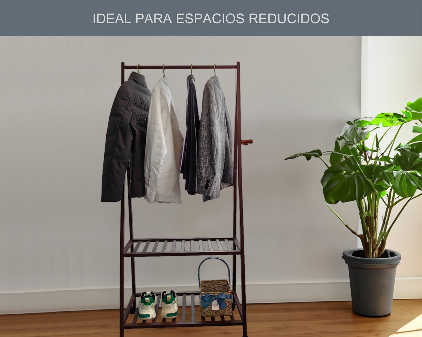 ABB4US | Standing Coat Rack to Leave Your Clothes and Shoes | Hallway Furniture for Home | Donkey with 2 Shelves | Donkey Entrance, Bedroom, Hallway | Resistant and Stable | Bamboo | 70x45x165cm| Wood 