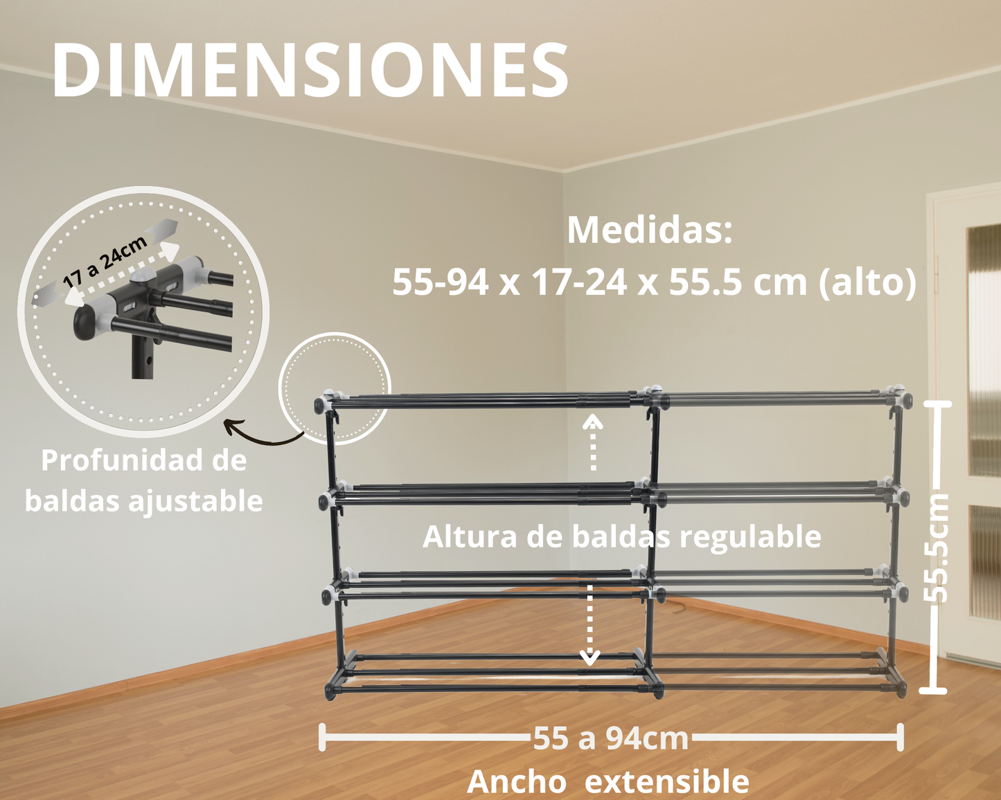 Zapatero Metálico 4 Baldas | Extensible | Altura y Profundidad Ajustables | Organizador Zapatos | 20 Pares