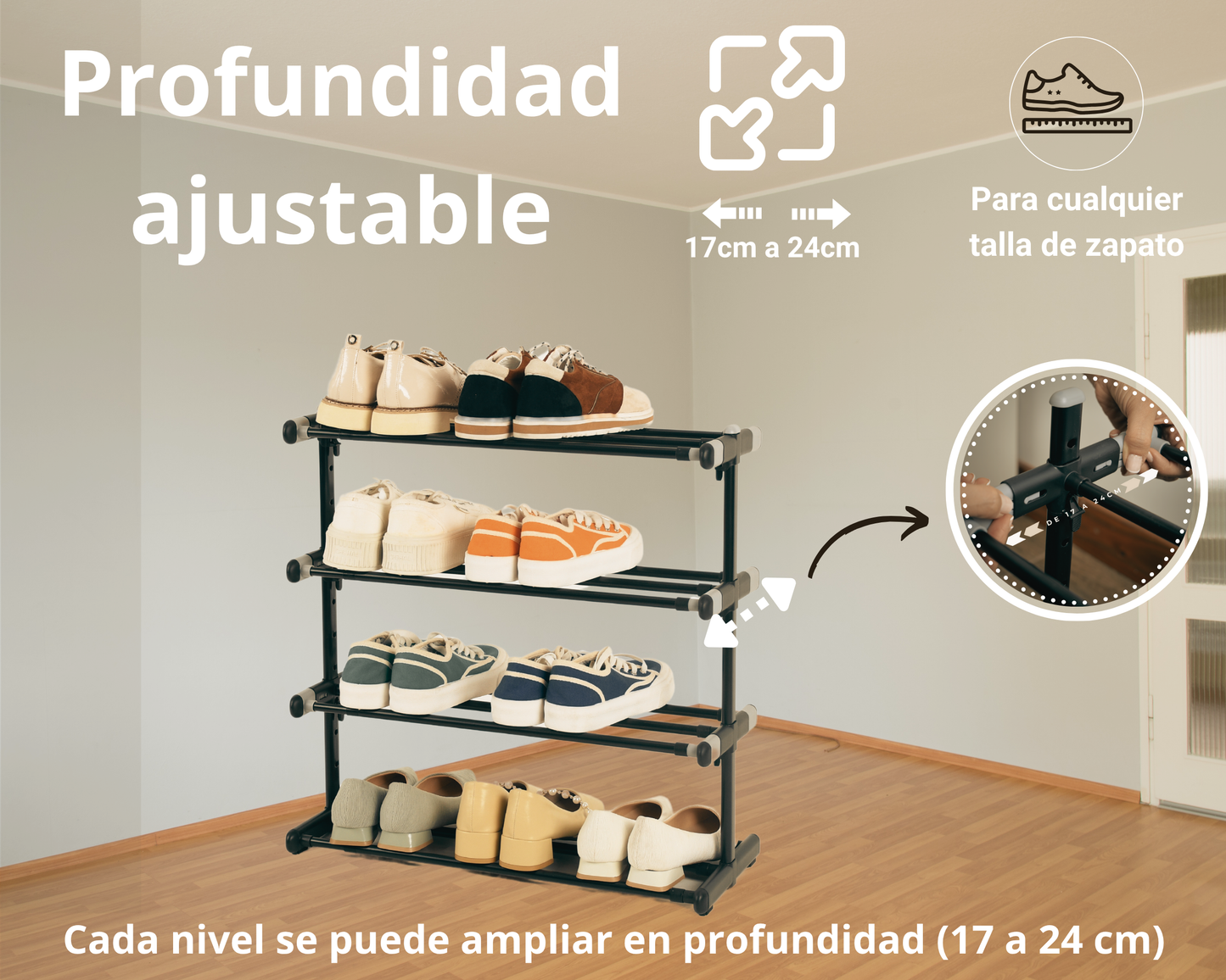 Zapatero Metálico 4 Baldas | Extensible | Altura y Profundidad Ajustables | Organizador Zapatos | 20 Pares