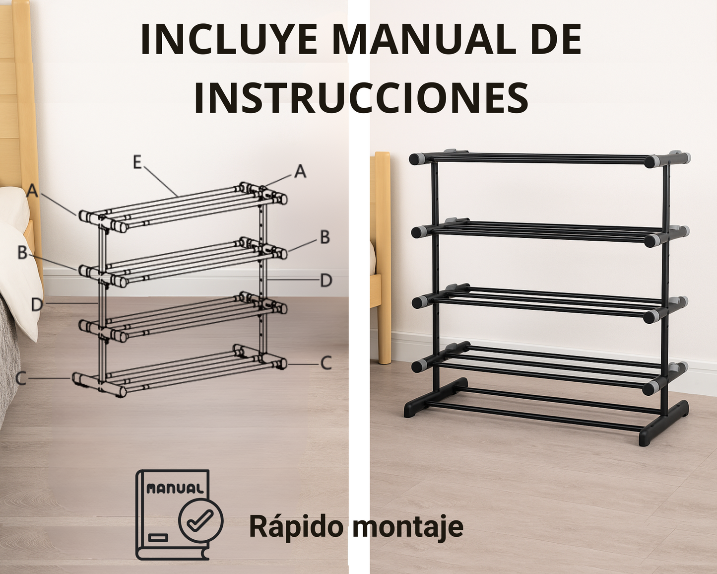 ABB4US | Standing Shoe Rack | For Clothing and Shoes | Hallway Coat Rack for Home | Clothes Rack with Hooks | Entrance, Bedroom, Hallway Furniture | Resistant | Steel | 60x35x163cm 