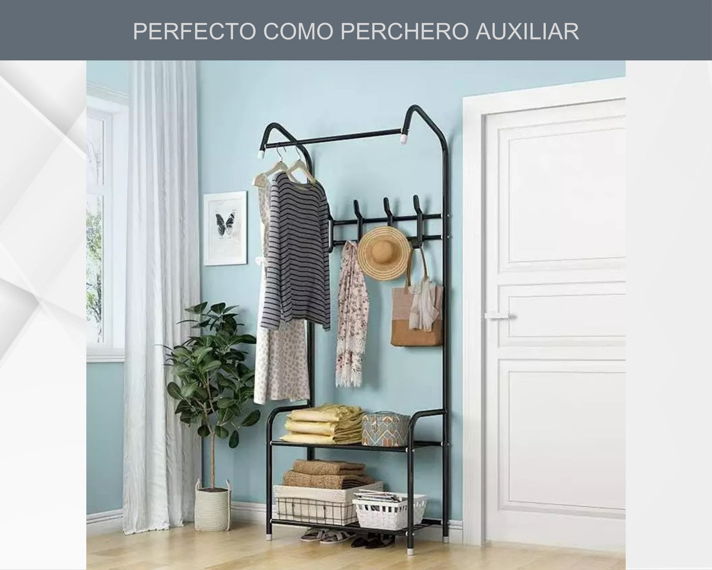 ABB4US | Standing Shoe Rack | For Clothing and Shoes | Hallway Coat Rack for Home | Clothes Rack with Hooks | Entrance, Bedroom, Hallway Furniture | Resistant | Steel | 60x35x163cm 