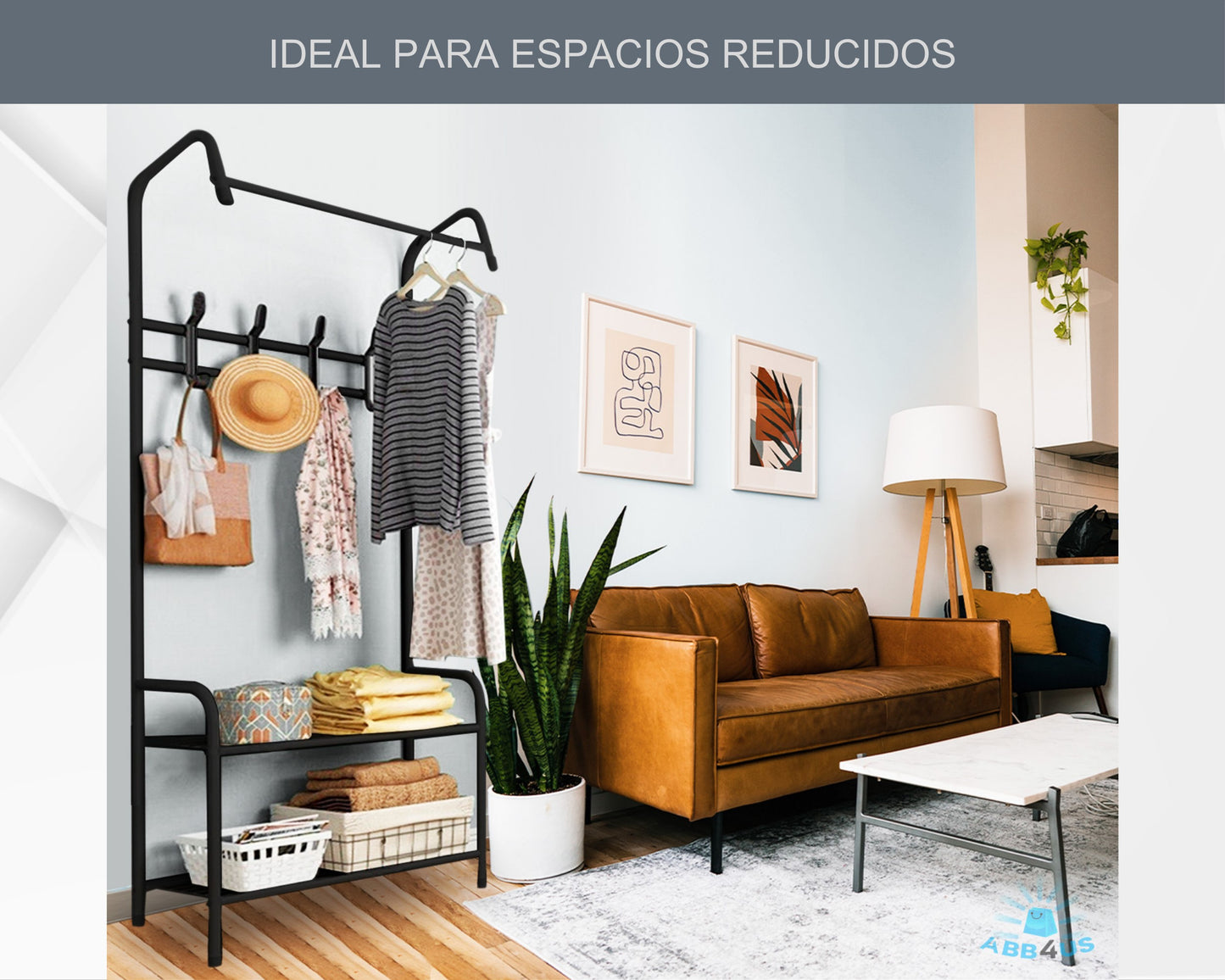 ABB4US | Standing Shoe Rack | For Clothing and Shoes | Hallway Coat Rack for Home | Clothes Rack with Hooks | Entrance, Bedroom, Hallway Furniture | Resistant | Steel | 60x35x163cm 