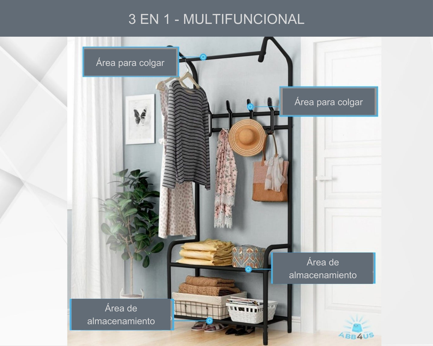 ABB4US | Standing Shoe Rack | For Clothing and Shoes | Hallway Coat Rack for Home | Clothes Rack with Hooks | Entrance, Bedroom, Hallway Furniture | Resistant | Steel | 60x35x163cm 