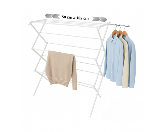 ABB4US | Tendedero Metálico Extensible y Plegable | 58–102 x 41,5 x 105,5cm | 2 Brazos para Perchas | Secar Camisas, Toallas y Prendas Largas | Compacto y Robusto | Blanco