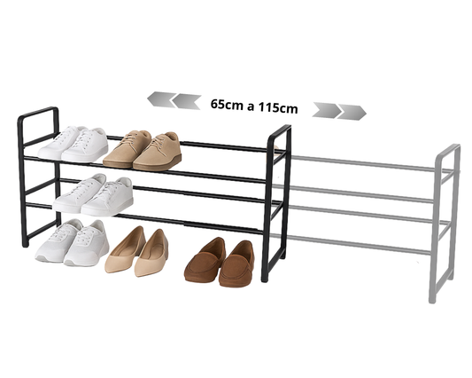 ABB4US | Zapatero Metálico Extensible 2 Niveles | Hasta 18 Pares | 65–115 x 22 x 39 cm | Organizador de Zapatos para Entrada, Dormitorio o Armario | Montaje Fácil | Negro