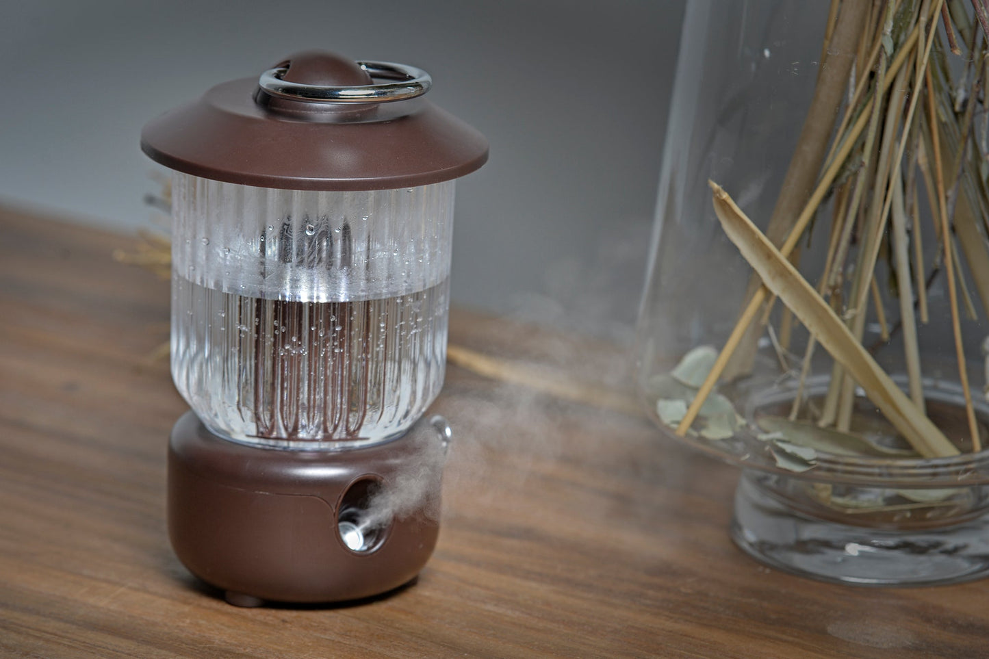 Farol Humidificador | Difusor de Aromas | Aromaterapia | Portátil | Lámpara Luz LED Fría y Cálida | Carga USB | Incluye Aceite Esencial Ahuyentador de Mosquitos | 260ml | Marrón