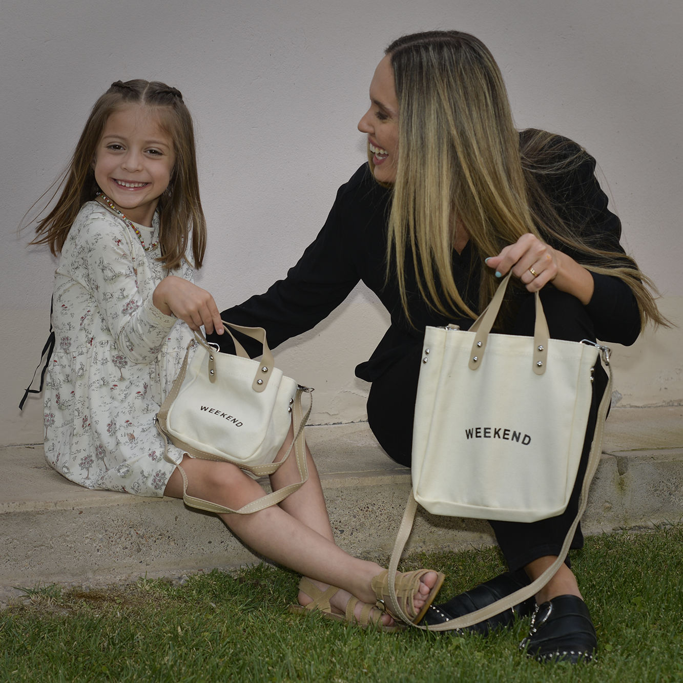 Set de 2 bolsos de lona madre e hija Tamaño mediano y pequeño | Bolso bandolera mujer | Beige