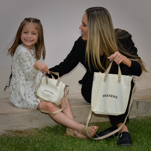 Set de 2 bolsos de lona madre e hija Tamaño mediano y pequeño | Bolso bandolera mujer | Beige