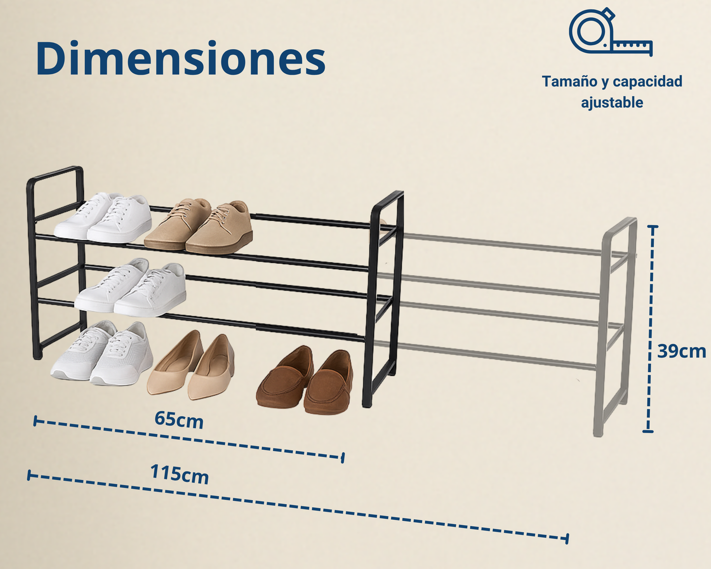 ABB4US | Zapatero Metálico Extensible 2 Niveles | Hasta 18 Pares | 65–115 x 22 x 39 cm | Organizador de Zapatos para Entrada, Dormitorio o Armario | Montaje Fácil | Negro