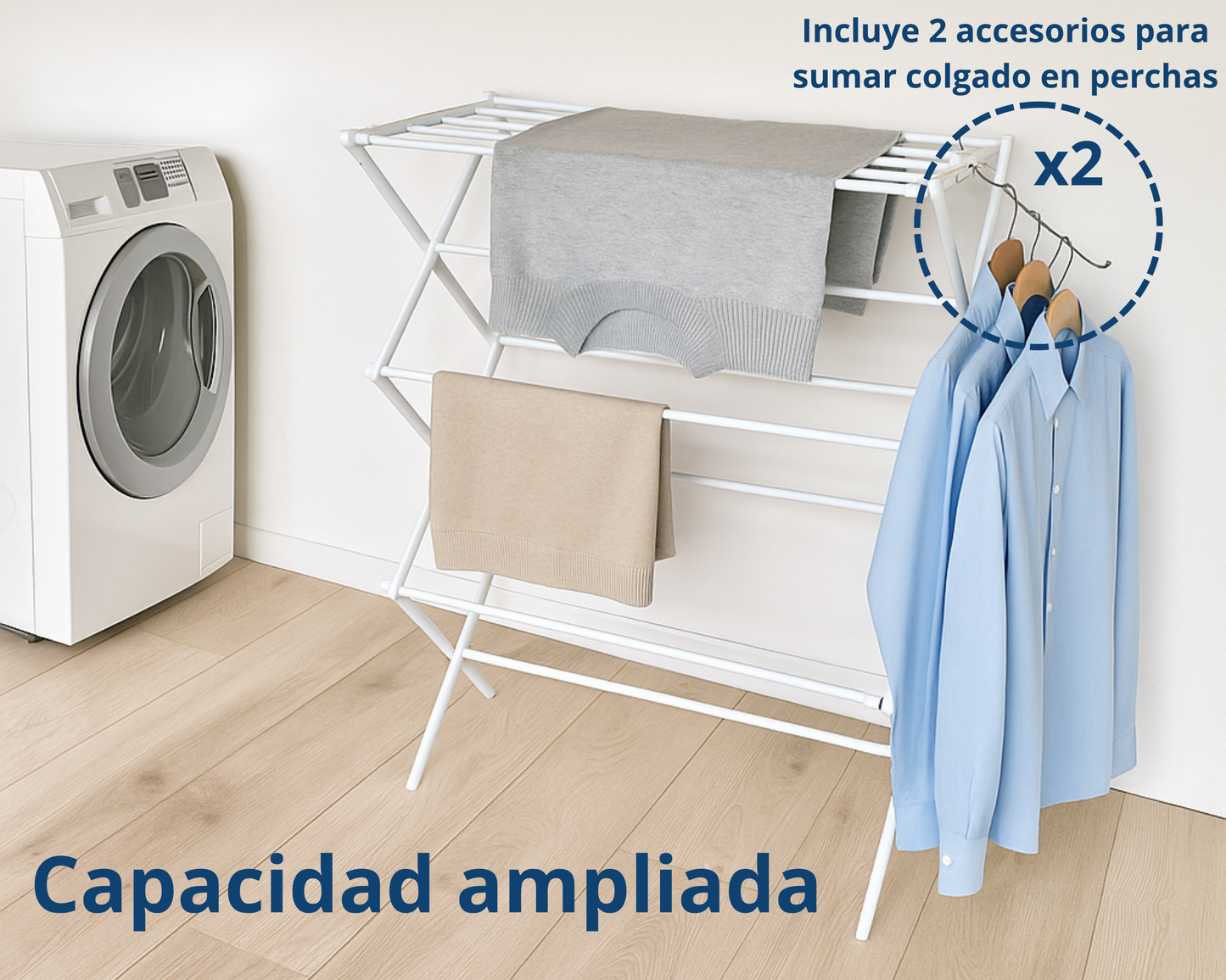 ABB4US | Tendedero Metálico Extensible y Plegable | 58–102 x 41,5 x 105,5cm | 2 Brazos para Perchas | Secar Camisas, Toallas y Prendas Largas | Compacto y Robusto | Blanco