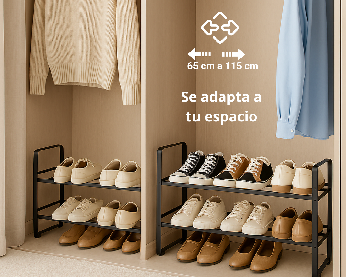 ABB4US | Zapatero Metálico Extensible 2 Niveles | Hasta 18 Pares | 65–115 x 22 x 39 cm | Organizador de Zapatos para Entrada, Dormitorio o Armario | Montaje Fácil | Negro
