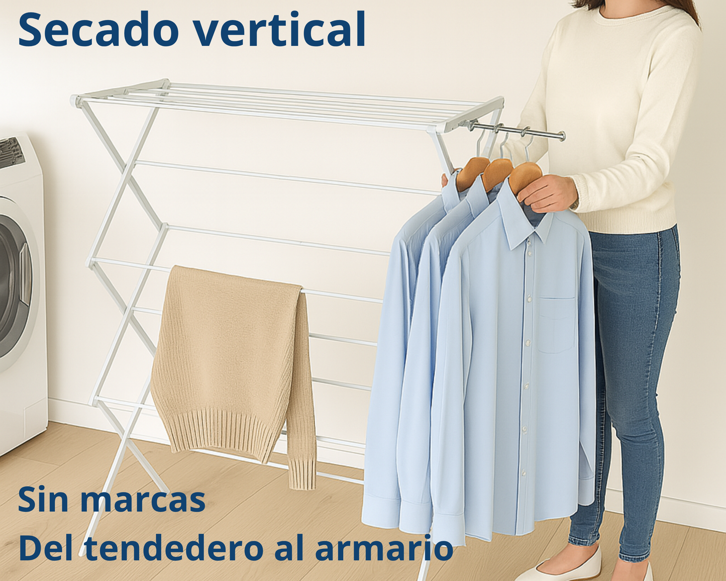 ABB4US | Tendedero Metálico Extensible y Plegable | 58–102 x 41,5 x 105,5cm | 2 Brazos para Perchas | Secar Camisas, Toallas y Prendas Largas | Compacto y Robusto | Blanco