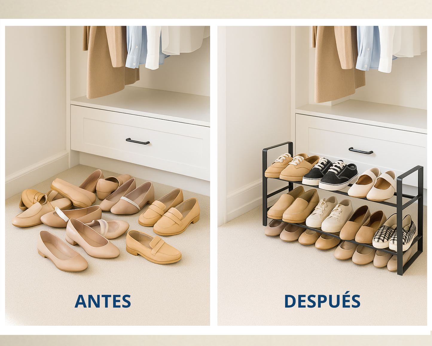 ABB4US | Zapatero Metálico Extensible 2 Niveles | Hasta 18 Pares | 65–115 x 22 x 39 cm | Organizador de Zapatos para Entrada, Dormitorio o Armario | Montaje Fácil | Negro